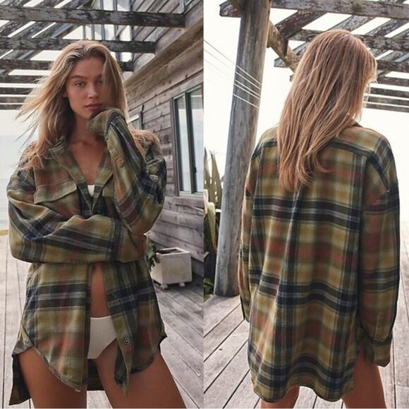 Free People Grunge 90s Flannel Plaid Izzie Cargo Shirt Jacket Shacket Medium - Picture 3 of 15